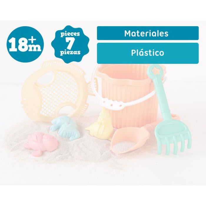 KioKids Set de Cubo de Playa Coral con 7 Piezas para Bebés, Incluye Cubo, Pala, Rastrillo, Tamiz y Moldes de Arena con Formas Marinas