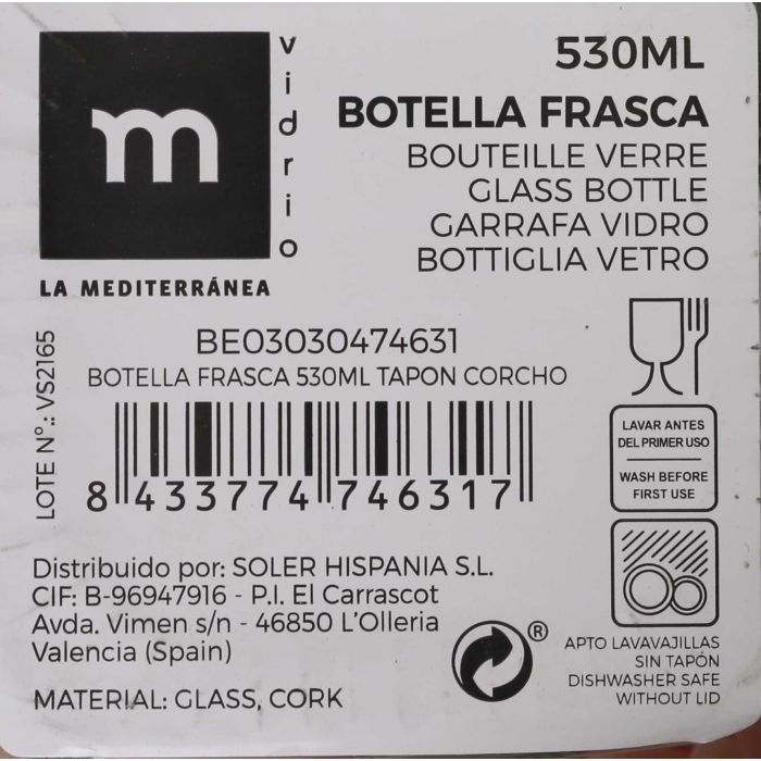 Botella Frasca 530 ml con tapón de corcho - La Mediterranea (16 Unidades) 4 Botella Frasca 530 ml con tapón de corcho - La Mediterranea (16 Unidades) 4
