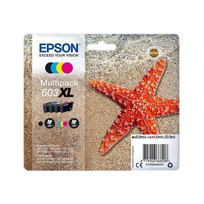 Epson C13T03A640 Multipack 603XL Tinta 4 Colores: Negro 8.9ml, Cian, Magenta, Amarillo 4ml Alto Rendimiento Original