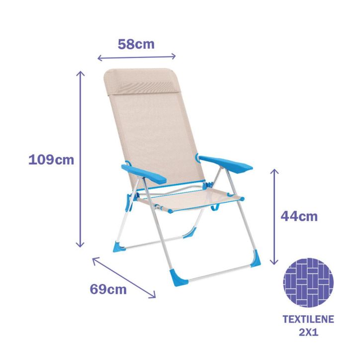 Marbueno Silla Plegable 5 Posiciones Aluminio con Cojin Beige/Azul Playa y Piscina 69X58X109 cm 10175 1 Marbueno Silla Plegable 5 Posiciones Aluminio con Cojin Beige/Azul Playa y Piscina 69X58X109 cm 10175 1