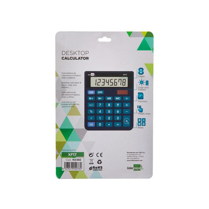 Calculadora Liderpapel Sobremesa Xf17 8 Digitos Solar Y Pilas Color Azul 127x105x24 mm 3