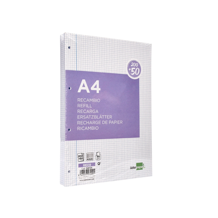 Liderpapel Recambio A4 250 Hojas 90gr Cuadro 4mm Con Margen 4 Taladros 3