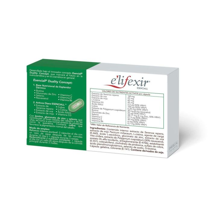 E'Lifexir ESENCIALL Suplemento Capilar Redensificante Anticaída para Fortaleza, Crecimiento y Nutrición del Cabello 30 Cápsulas Vegetarianas 1