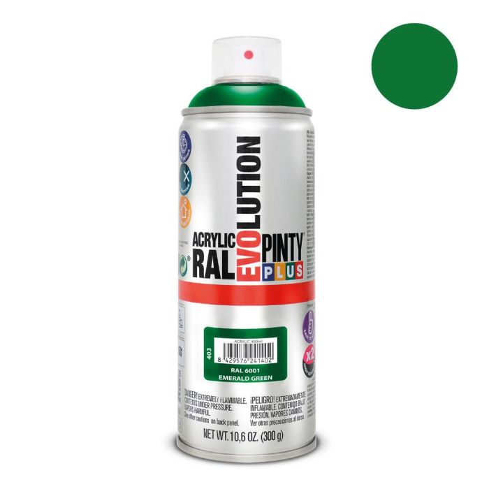 Pinty Plus Pintura Acrílica Spray Evolution 520 cc Ral 6001 Esmerald Green 300g Acabado Liso y Uniforme Secado Rápido