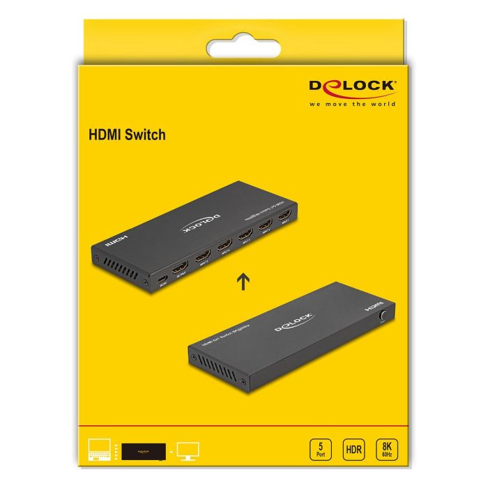 DeLOCK 18657 Conmutador HDMI 5x1, 8K a 60 Hz, 48 Gbit/s, HDR, 144 Hz, USB-C, Con Mando 3 DeLOCK 18657 Conmutador HDMI 5x1, 8K a 60 Hz, 48 Gbit/s, HDR, 144 Hz, USB-C, Con Mando 3