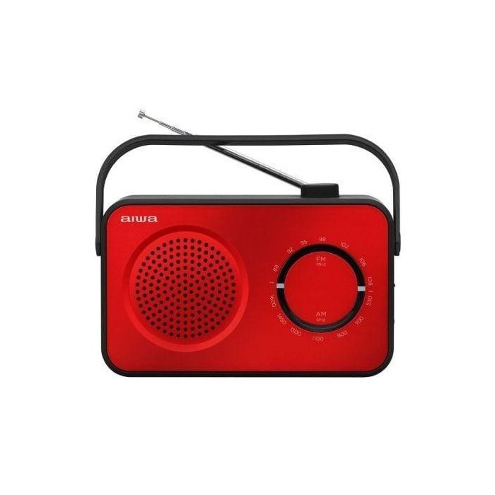 Aiwa R-190RD Radio Portátil Analógica 2W FM/MW con Alimentación Dual (Red y Pilas), Roja, Asa de Transporte y Toma de Auriculares 3.5mm