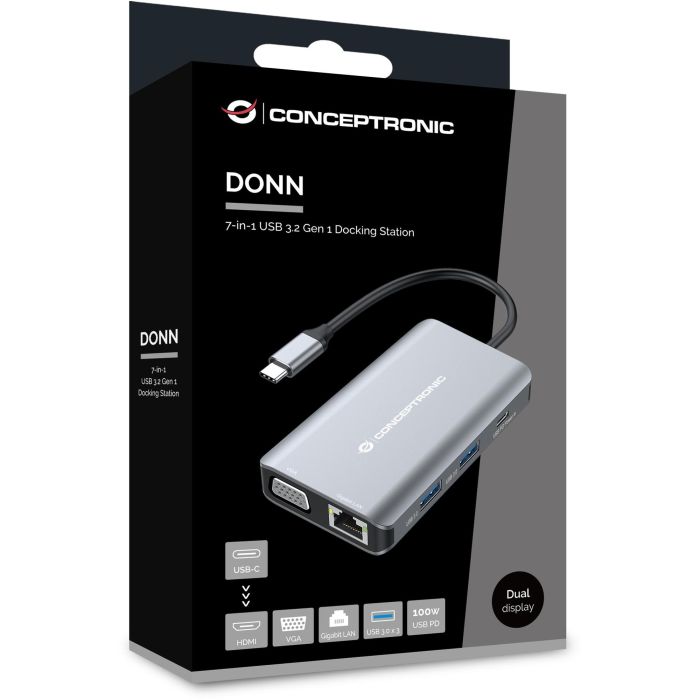 Conceptronic DONN21G Docking Station 7 en 1 USB-C a HDMI 4K, VGA, LAN GbE, USB 3.0 x3, PD 100W, Gris 3