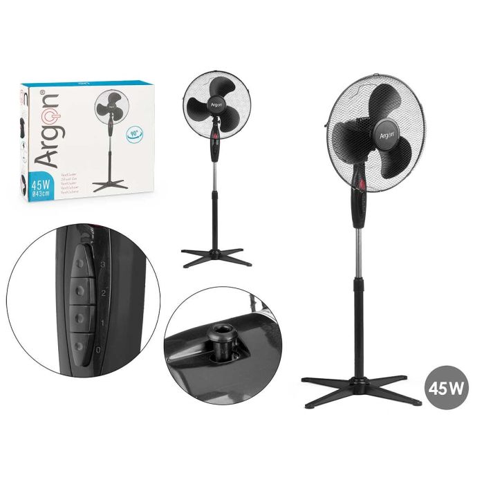 Ventilador de Pie Negro Argon 45W, 60x15x43cm, 3 Velocidades, Giro 180°, Cabezal Inclinable Ventilador de Pie Negro Argon 45W, 60x15x43cm, 3 Velocidades, Giro 180°, Cabezal Inclinable