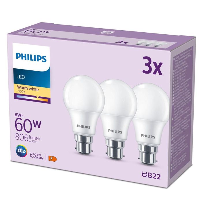 Philips PHI8719514451278 Bombilla LED 60W B22 Blanco Cálido Mate No Regulable Pack de 3 4 Philips PHI8719514451278 Bombilla LED 60W B22 Blanco Cálido Mate No Regulable Pack de 3 4