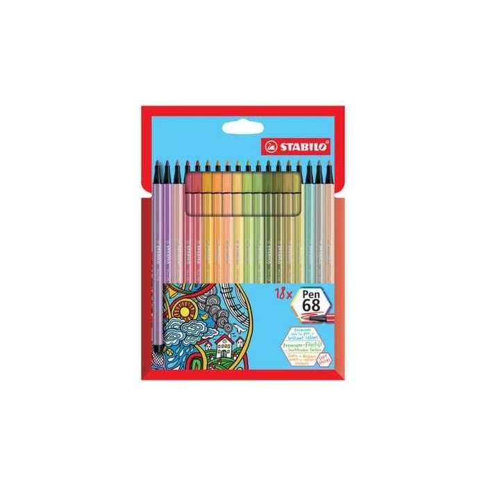 Stabilo Rotulador acuarelable Pen 68 estuche cartón 18 unidades colores surtidos, trazo 1 mm
