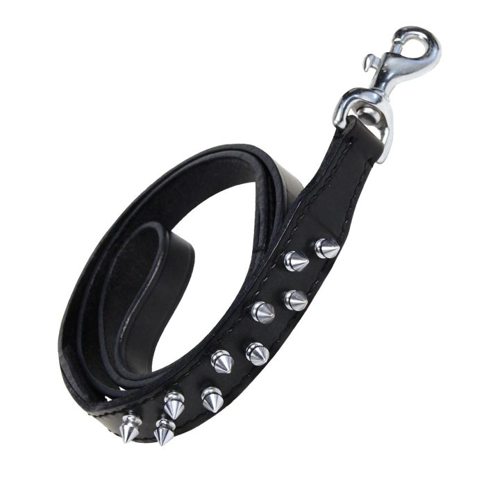 Gloria Correa Perro Piel Negra Cuero Doble Reforzado con 2 Filas de Pinchos Remaches Decorativos Seguros Estilo Rock 105 cm