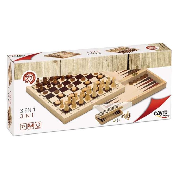 Juego 3 en 1 ajedrez, damas y backgammon de madera 29x29 cm Juego 3 en 1 ajedrez, damas y backgammon de madera 29x29 cm