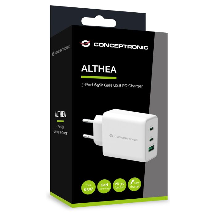 Conceptronic ALTHEA12W Cargador USB-C PD 3.0 65W con Tecnología GaN para MacBook, iPad, iPhone, Samsung Galaxy y más, Color Blanco 2