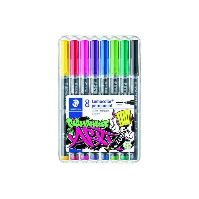 Staedtler Rotulador Lumocolor permanente 318, punta fina 0.6 mm, estuche de 8 unidades colores surtidos