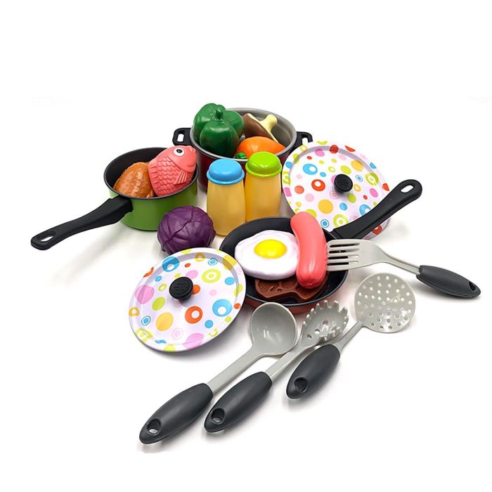 Tachan Cs007 Set de Menaje Cocina de Juguete Metálico 22 Piezas con Alimentos, Sartenes y Cazuelas para Niños +3 Años 1