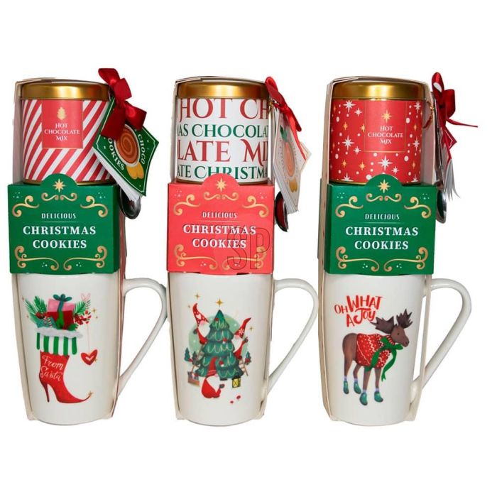 Basics Taza Navideña con Surtido de Galletas Sabor Mantequilla y Chocolate en Polvo Sabor Vainilla - 3 Modelos Variados