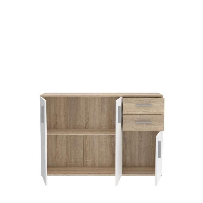 Mueble de almacenaje IKOLI - 3 puertas, 2 cajones - Decoración roble Sonoma y blanco - L119,6 x P31,4 x H81,7 cm - Tiradores de plástico 4 Mueble de almacenaje IKOLI - 3 puertas, 2 cajones - Decoración roble Sonoma y blanco - L119,6 x P31,4 x H81,7 cm - Tiradores de plástico 4