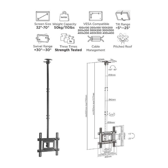 EQUIP Soporte TV Techo 650321 para Pantallas de 32"-70", 50kg, Negro, Inclinable 4