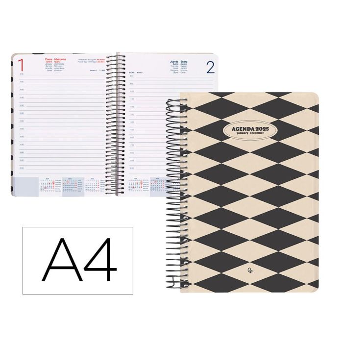 Agenda Espiral Liderpapel Classic A4 2025 Dia Pagina Blanco Y Negro 1 Papel 70 gr