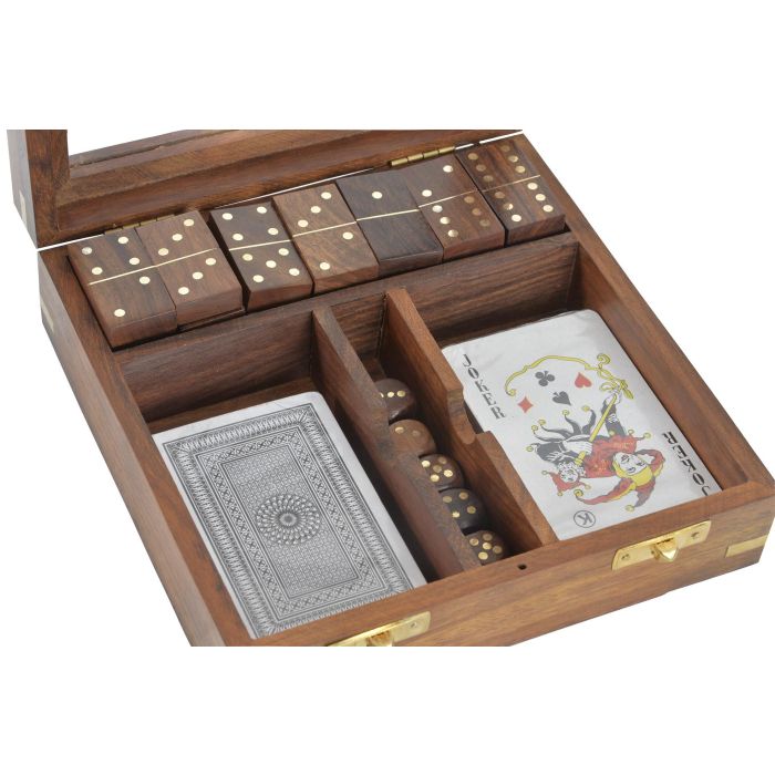 DKD Home Decor Juego Colonial Decorativo Set 4 Piezas en Madera Sheesham, Cristal, Latón Marrón Dorado Hecho a Mano 17x17x5.5 cm