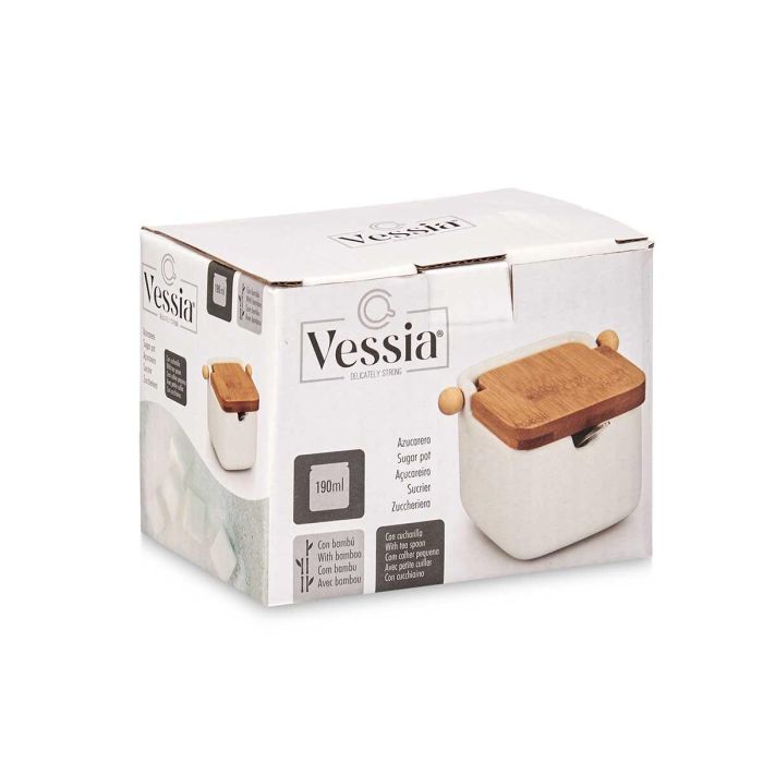 Vessia Azucarero Cerámica Blanco Tapa Bambú Acero Inoxidable 10 cm x 7.5 cm x 8 cm (Set de 6)