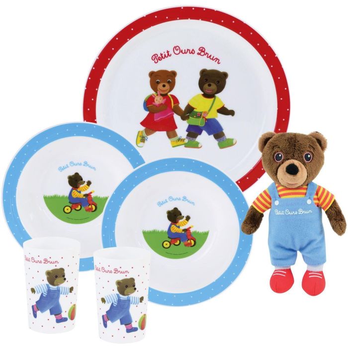 Fun House FUN3524550066165 Vajilla Oso Marrón: Plato Llano Ø 22 cm, 2 Platos Hondos Ø 16 cm, 2 Vasos 220 ml, Peluche 18 cm