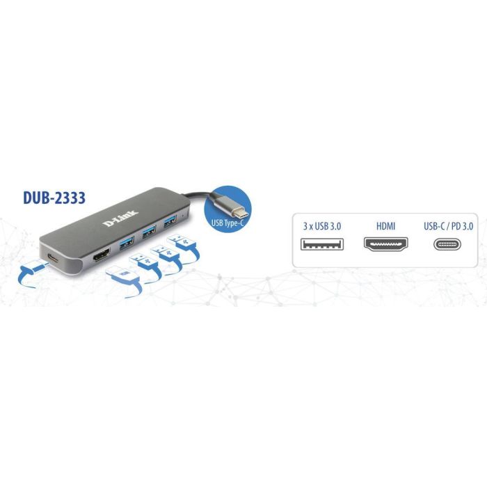 D-link Docking Station DUB-2333 USB Tipo C, 3x USB 3.2 Gen 1, 1x HDMI 1.4, Soporte 4K Ultra HD, 60W Power Delivery 2 D-link Docking Station DUB-2333 USB Tipo C, 3x USB 3.2 Gen 1, 1x HDMI 1.4, Soporte 4K Ultra HD, 60W Power Delivery 2