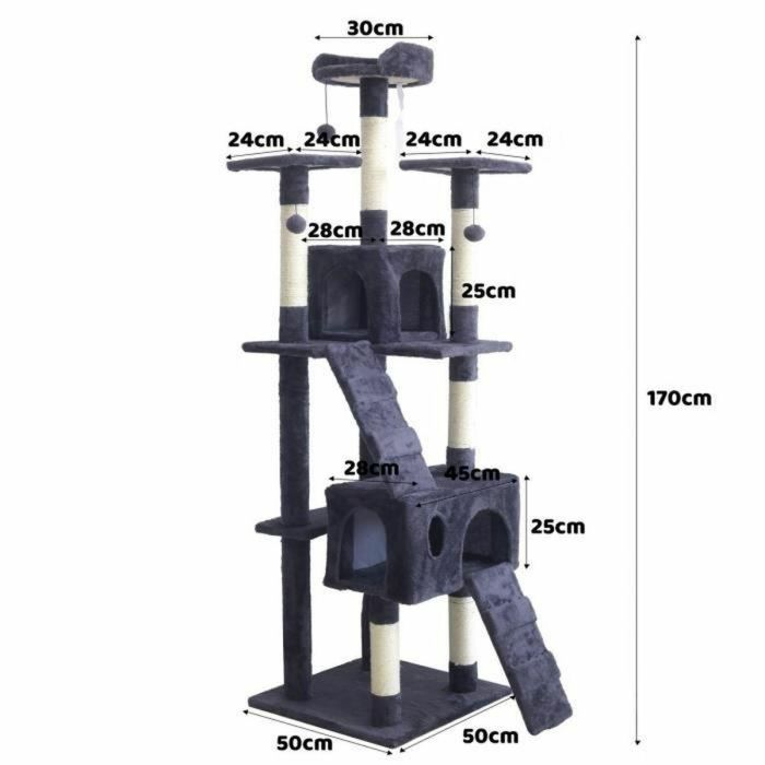 Árbol para gatos BILLY 170 cm - Poste rascador + 2 Cabinas - Gris 2 Árbol para gatos BILLY 170 cm - Poste rascador + 2 Cabinas - Gris 2