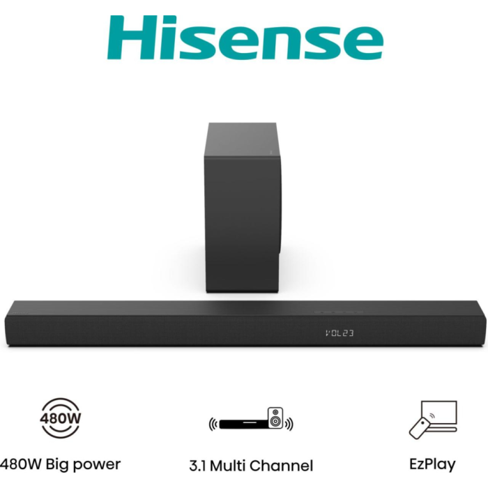 Hisense HS3100 Barra de Sonido 3.1 Canales 480W Negro con Subwoofer Inalambrico