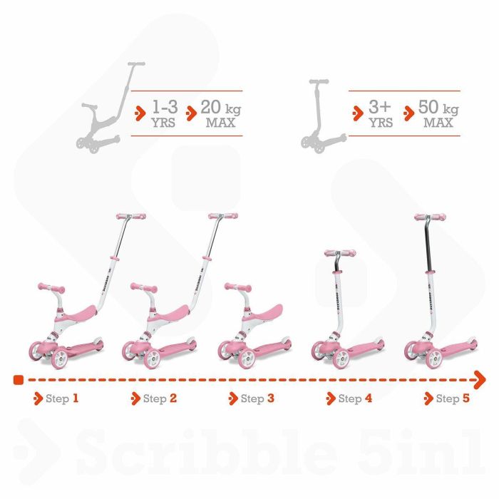 Mondo Scooter On and Go Scribble 5 en 1 plegable con 3 ruedas, manillar ajustable y freno trasero - Rosa 6