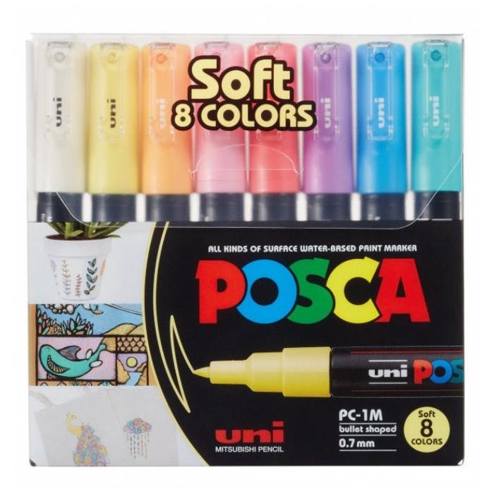 POSCA PC-1MC Marcador UNI PC-1M, Set 8 Colores Pastel, Tinta base agua, Punta redonda 0.7 mm, Secado rápido
