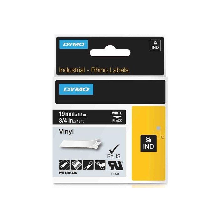 Dymo Id1-19 Rhino Cinta Adhesiva Industrial de Etiquetas, Poliéster, Blanco sobre Negro 19mm x 5.5m