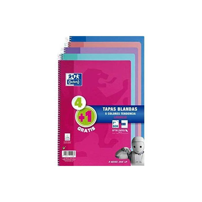 Oxford Cuaderno Espiral 80H Folio 4x4M C-Margen Tapa Blanda Pack 4+1 Ud C-Surtidos Tendencia