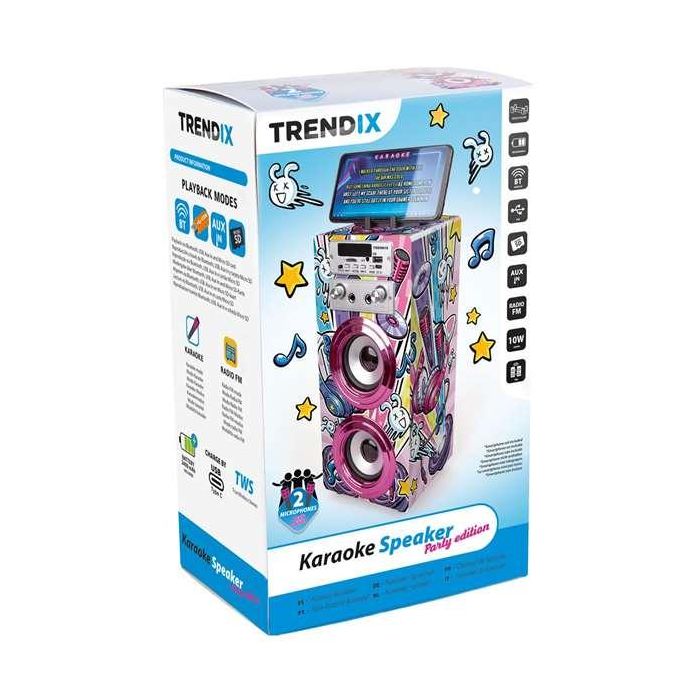 Karaoke incluye 2 micrófonos equipado con un asa, una base para apoyar el móvil, ranuras para memorias usb y micro sd, radio fm y bluetooth 2
