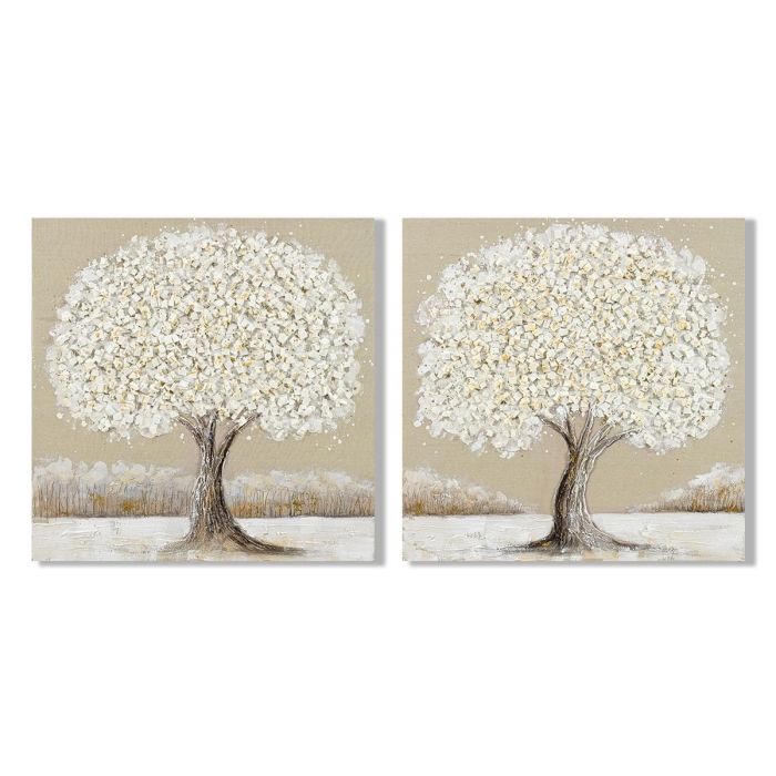 DKD Home Decor Cuadro Tradicional Lienzo Árbol Blanco Beige 100 x 100 x 3 cm (2 Unidades)
