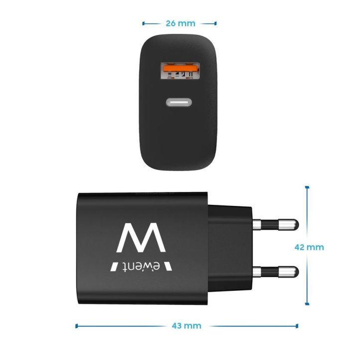 Ewent EW1319 Cargador USB-C 20W Doble Puerto PD QC3.0 Carga Rápida para iPhone 15/14 y Android Negro 1 Ewent EW1319 Cargador USB-C 20W Doble Puerto PD QC3.0 Carga Rápida para iPhone 15/14 y Android Negro 1