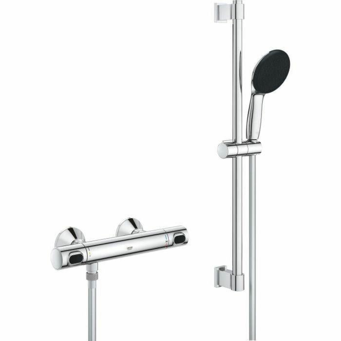 Grohe 34800001 Conjunto de Ducha con Mezclador Termostático, Rociador 1 Chorro, Barra 60cm, Flexo, Ahorro de Agua - Cromo