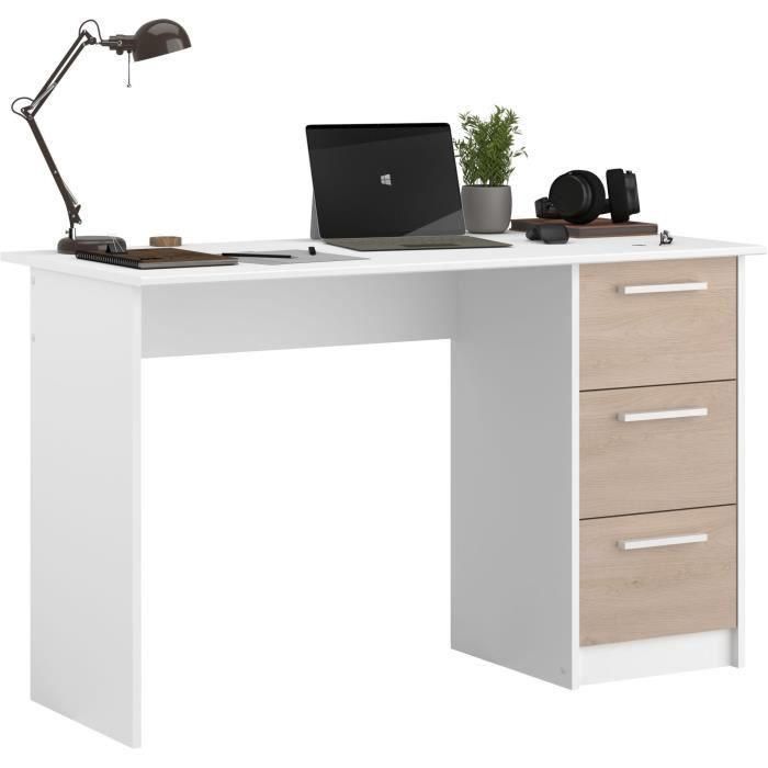 Office Essential Parisot 3 Cajones - Decoración Chene y Blanca - L 121.2 x D 55 x H 74.5 cm - Hecho en Francia 4