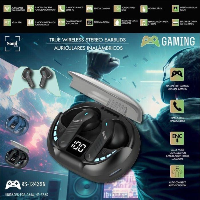 SAMI Auriculares Gaming TWS Negro con Pantalla LCD, Silicona, Batería 40mAh