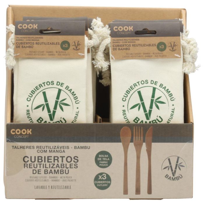 Cook Concept Juego De 3 Cubiertos Bambú Con Bolsa Reutilizables Alternativa Plástico 3