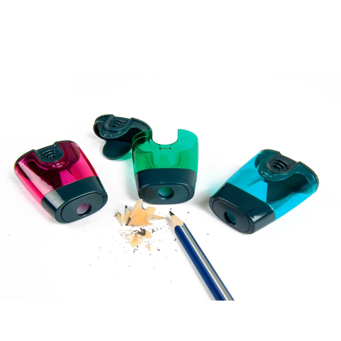 Liderpapel Sacapuntas de Plástico de 1 Uso con Depósito y Protector Metálico, Colores Surtidos 6