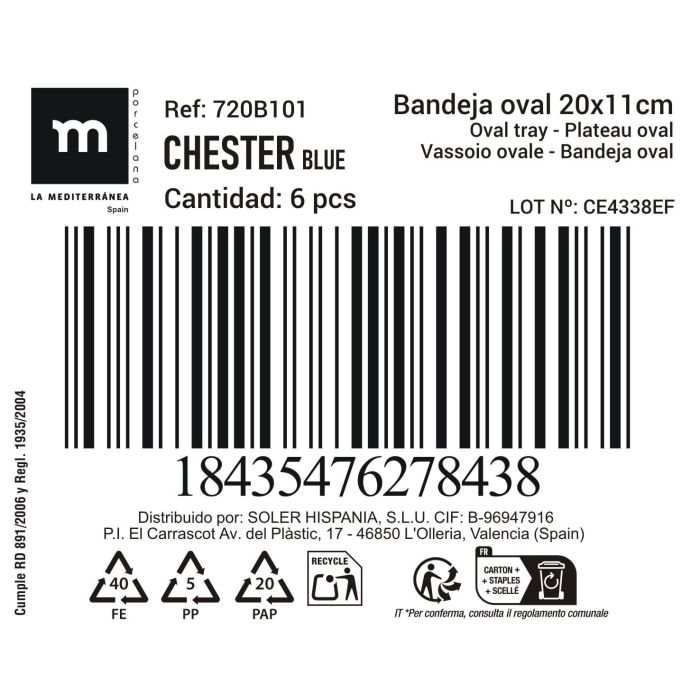 Bandeja Oval Chester Blue 20x11 cm - Inde (18 Unidades) 1 Bandeja Oval Chester Blue 20x11 cm - Inde (18 Unidades) 1