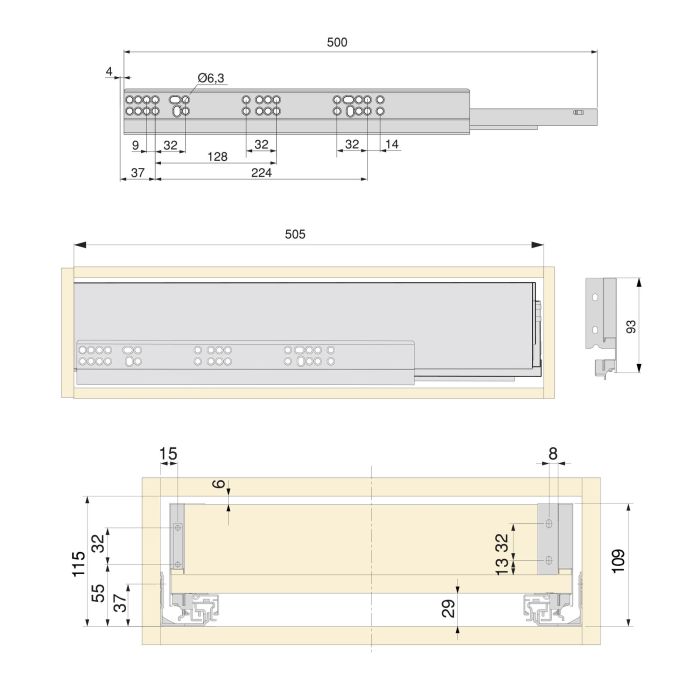 Emuca Kit de cajón para cocina o baño Vertex de altura 93mm con regulación 3D, tableros incluidos, módulo 600mm, Gris antracita 9