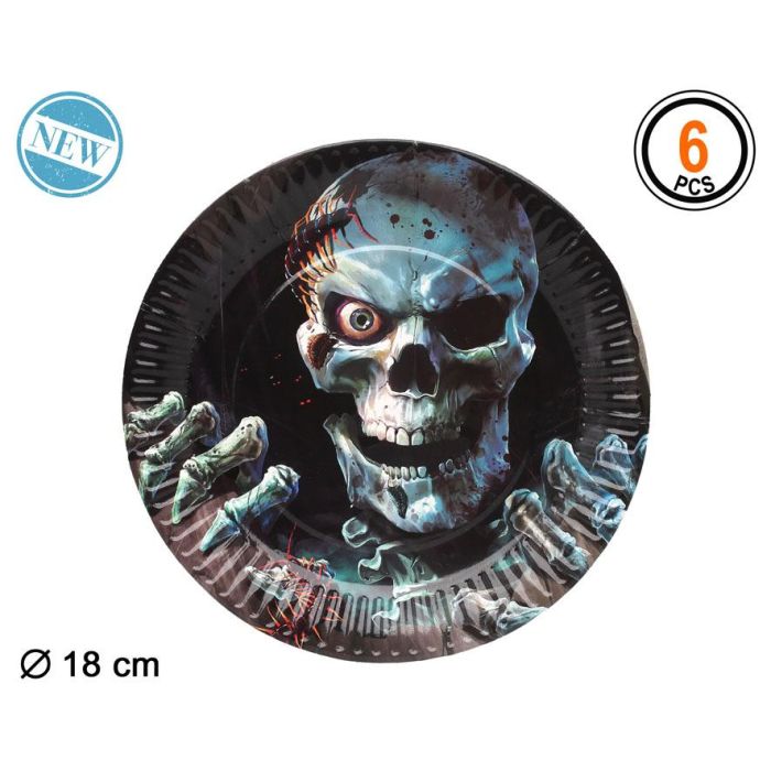 Accesorio Halloween Plato De Cartón Diseño Calavera Siniestra Manos Esqueléticas Ideal Para Servir Aperitivos y Postres En Fiestas Temáticas Desechable