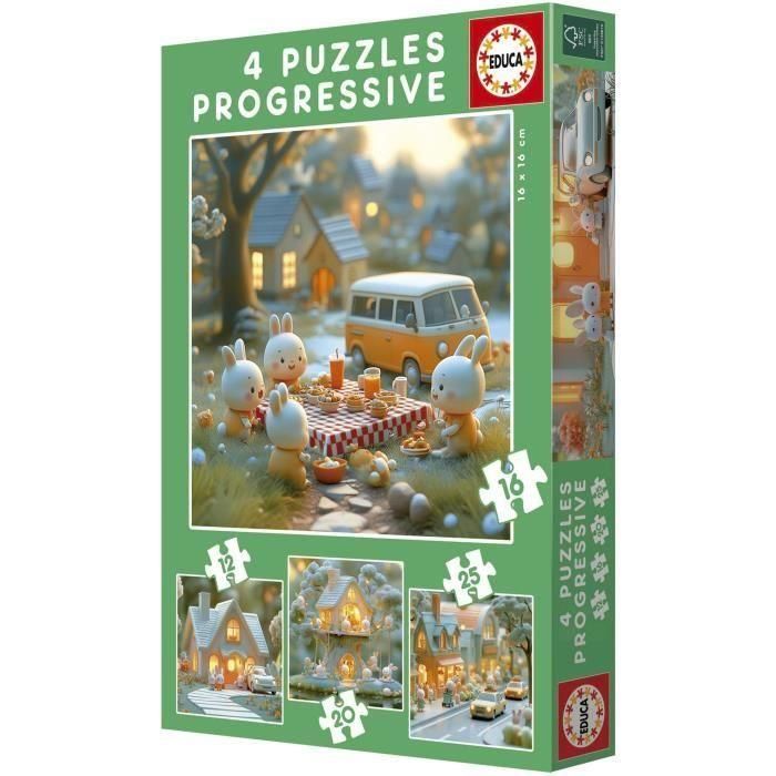 Educa Puzzle Set 4 en 1 Ciudad de Conejitos con 12, 16, 20 y 25 piezas de cartón. Juego de mesa infantil para niños +3 años 3