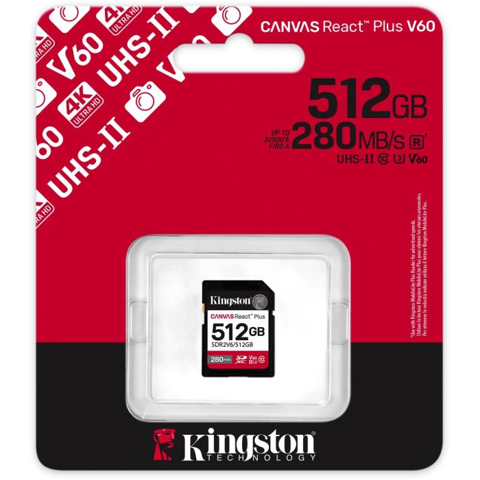 Kingston Tarjeta SDXC Canvas React Plus 512GB Clase 10 UHS-II U3 V60 Lectura 280MB/s Escritura 150MB/s 2