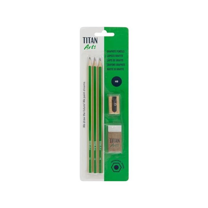 Titan Arts Lápices de Grafito HB, Pack de 3 con Sacapuntas y Goma