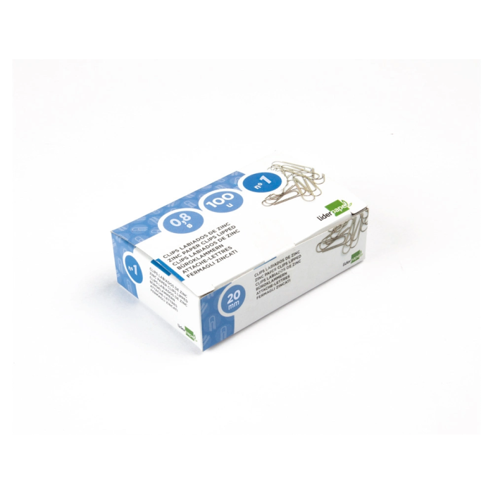 Liderpapel Clips nº1 Labiados 20 mm Caja de 100 Unidades Calidad Extra Metal Zinc Punta Redonda 1
