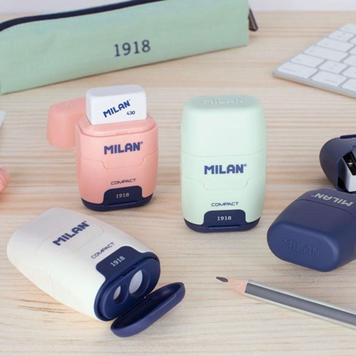 Milan Afilaborra Compact Serie 1918, Sacapuntas y Borrador con 2 Gomas de Recambio, Rosa 1