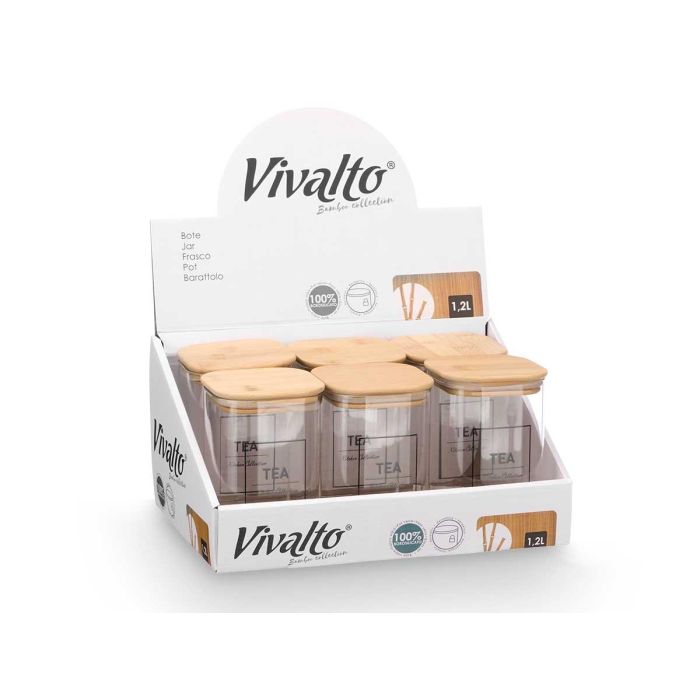 Bote Cuadrado Borosilicato Tapa Bambu Tea 1,2L Vivalto 10X15CM (12 Unidades) 1 Bote Cuadrado Borosilicato Tapa Bambu Tea 1,2L Vivalto 10X15CM (12 Unidades) 1